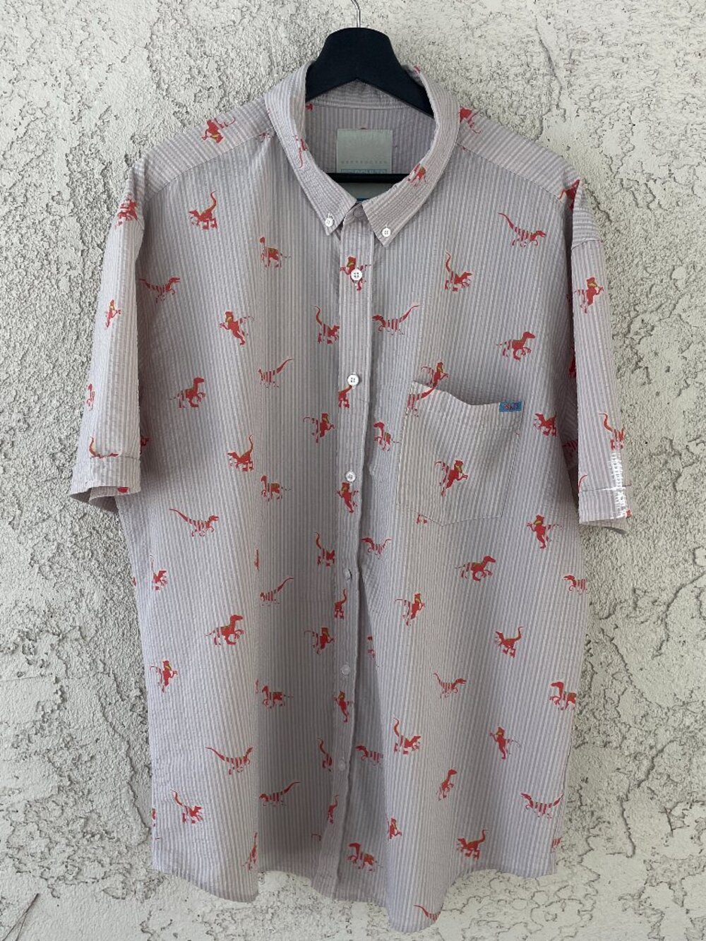 RSVLTS Dinosaur Seersucker Button Down Shirt Men's 2XL Gray Red Short Sleeve